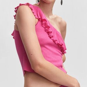 NWT MANGO Pink Asymmetrical Ruffle Top Size Small